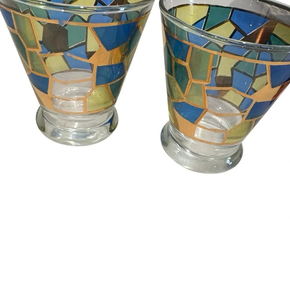 Vintage Style Mosaic Shot Glasses Blue Green Gold Stained Glass Look Set of 2‎